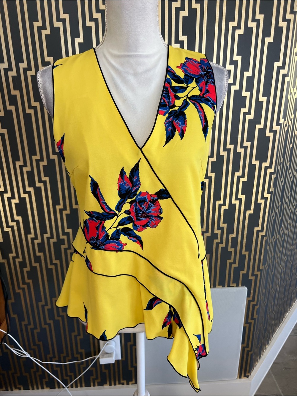 Proenza Schouler Yellow Floral Wrap Tank with Asymmetric Ruffle